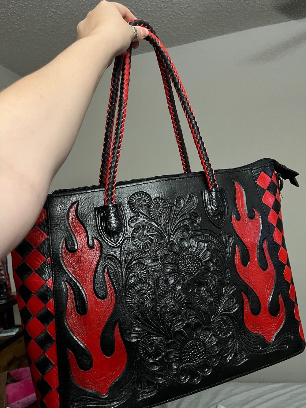 Black & Red Floral Flame Leather Tote - Women Bags